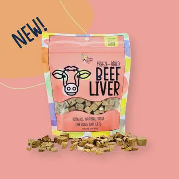 A package of freeze-dried beef liver treats for dogs and cats with visible treats scattered in front