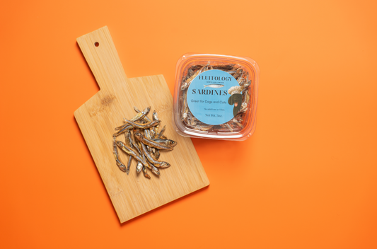Dried sardines on a wooden cutting board with a container on an orange background. Fluffology Dehydrated Sardines