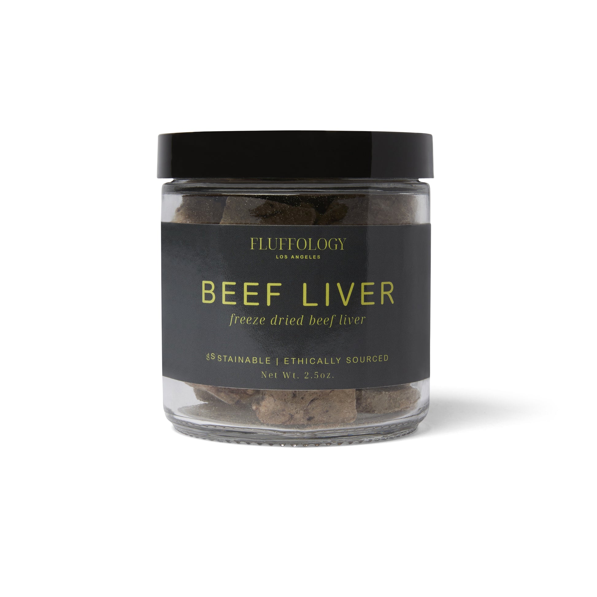 A clear glass jar containing freeze-dried beef liver dog treats, with a black label that includes the brand name 'Fluffology' and the product name 'BEEF LIVER'.